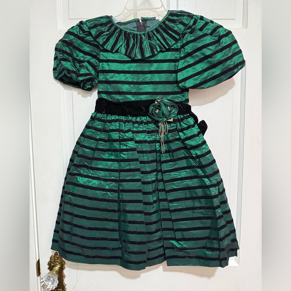 Vintage Girls Size 7 Green Black Stripe Bow Gold Flower 1980s 1990s
